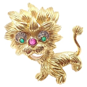 Cartier Whimsical Dragon Lion 18k Yellow Gold Diamond Ruby Pin Brooch