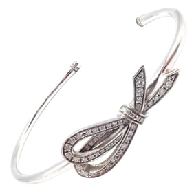 Tiffany & Co 18k White Gold Diamond Bow Ribbon Bangle Cuff Bracelet