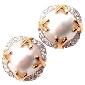 Vintage Verdura 18k Yellow Gold Mabe Pearl Diamond Large Earrings