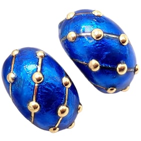 Tiffany & Co Schlumberger 18k Yellow Gold Large Blue Enamel Banana Earrings