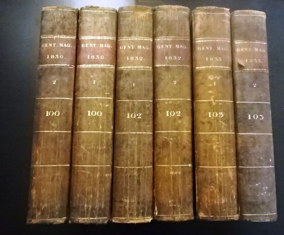 1830 1832 1833 Gentleman's Magazine: A set of six volumes representing "The Gentleman's Magazine" for the years 1830, 1832, and 1833. Numerous plates, a variety of content. Uniformly bound in marbled boards and leather spines. Binding wi