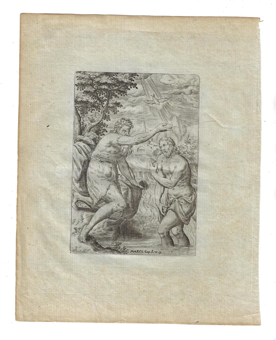 1660 Engraving of the Baptism of Christ: A Dutch engraving of the Baptism of Christ circa 1660. After Abraham de Bruyn, Antwerp. On Fine laid paper, measures 8.5 x 11". Reserve: $30.00 Shipping: Domestic: Flat-rate of $10.00 to anywhere with