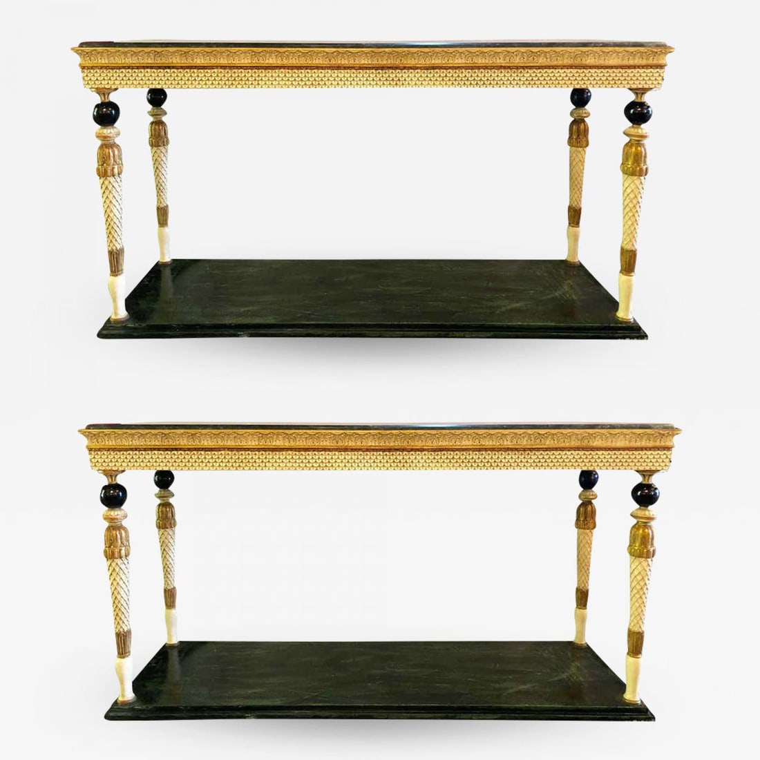 Pair of Neoclassical Style Marble Top Consoles Attributed to Maison Jansen: Title:Pair of Neoclassical Style Marble Top Consoles Attributed to Maison Jansen Description:A pair of neoclassical style marble-top console tables attributed to Maison Jansen as seen on page 201, of