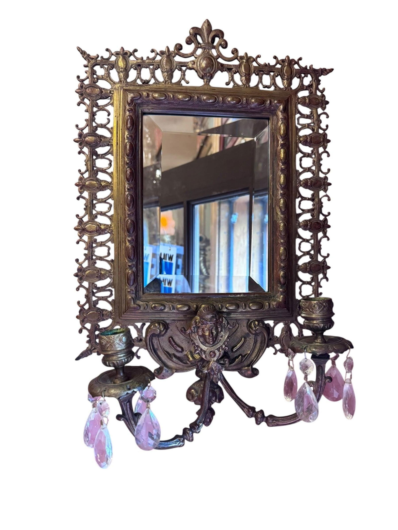 Antique Victorian Devil Fantasy Style Ornate Figural Beveled Mirror Candle Sconces: Antique Victorian Devil Fantasy Style Ornate Figural Beveled Mirror Candle Sconces These stunning piece are sourced directly from Italy. Perfect for adding a touch of drama to your living space, these
