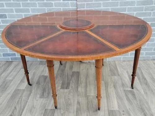 Federal Style Mahogany and Leather Flip Top Demilune/Game Table by Weiman: Federal Style Mahogany and Leather Flip Top Demilune/Game Table by Weiman Gorgeous Federal style demilune console table or game table in mahogany with banded leather flip-top and turned and tapered le