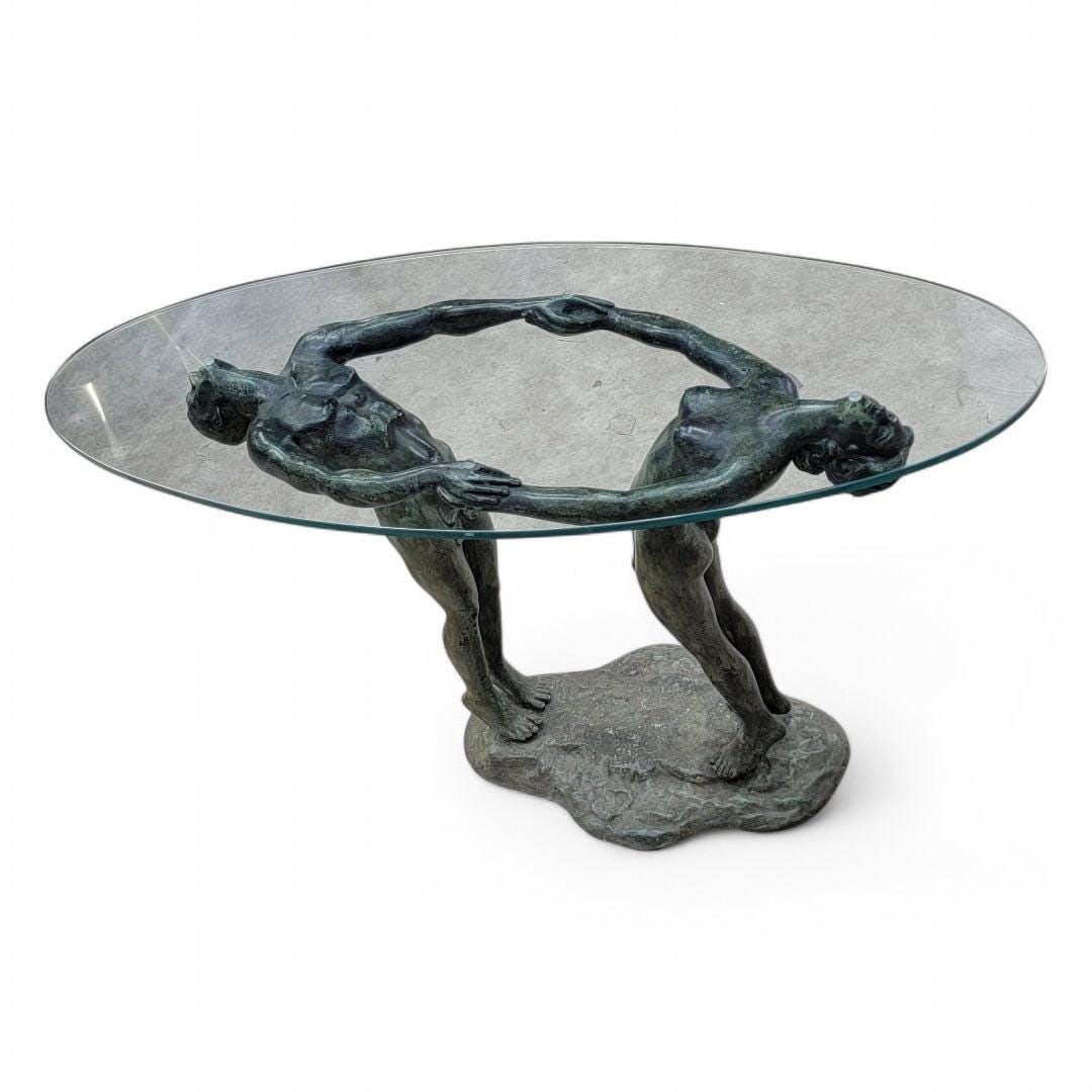 Vintage Art Deco Bronze Maude Sherwood Jewett Attributed "Man & Woman" Base with Oval Glass Top: Vintage Art Deco Bronze Maude Sherwood Jewett Attributed "Man & Woman"Signed Base with Oval Glass Top Table Elevate your living space with this exquisite vintage Art Deco console table, featuring a st