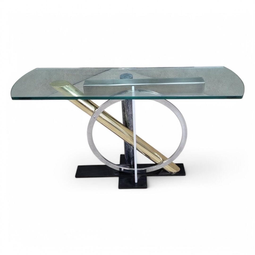Modern Kaizo Oto for DIA Glass Top Console Table: Modern Kaizo Oto for Design Institute America Glass Top Console Table The DIA modern, multi-metal architectural console table has a rectangular glass top. This ""Memphis""inspired piece uses brass, la