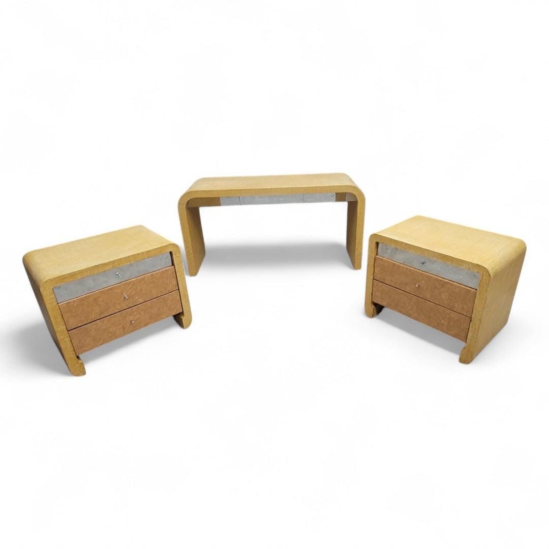 Postmodern Karl Springer Style Grasscloth Wrapped Waterfall Console with Side Chests for Ernest Masi: intage Postmodern Karl Springer Style Grasscloth Wrapped Waterfall Console with Side Chests for Ernest Masi - 3 Piece Set This exquisite three-piece set features a vintage postmodern console table in