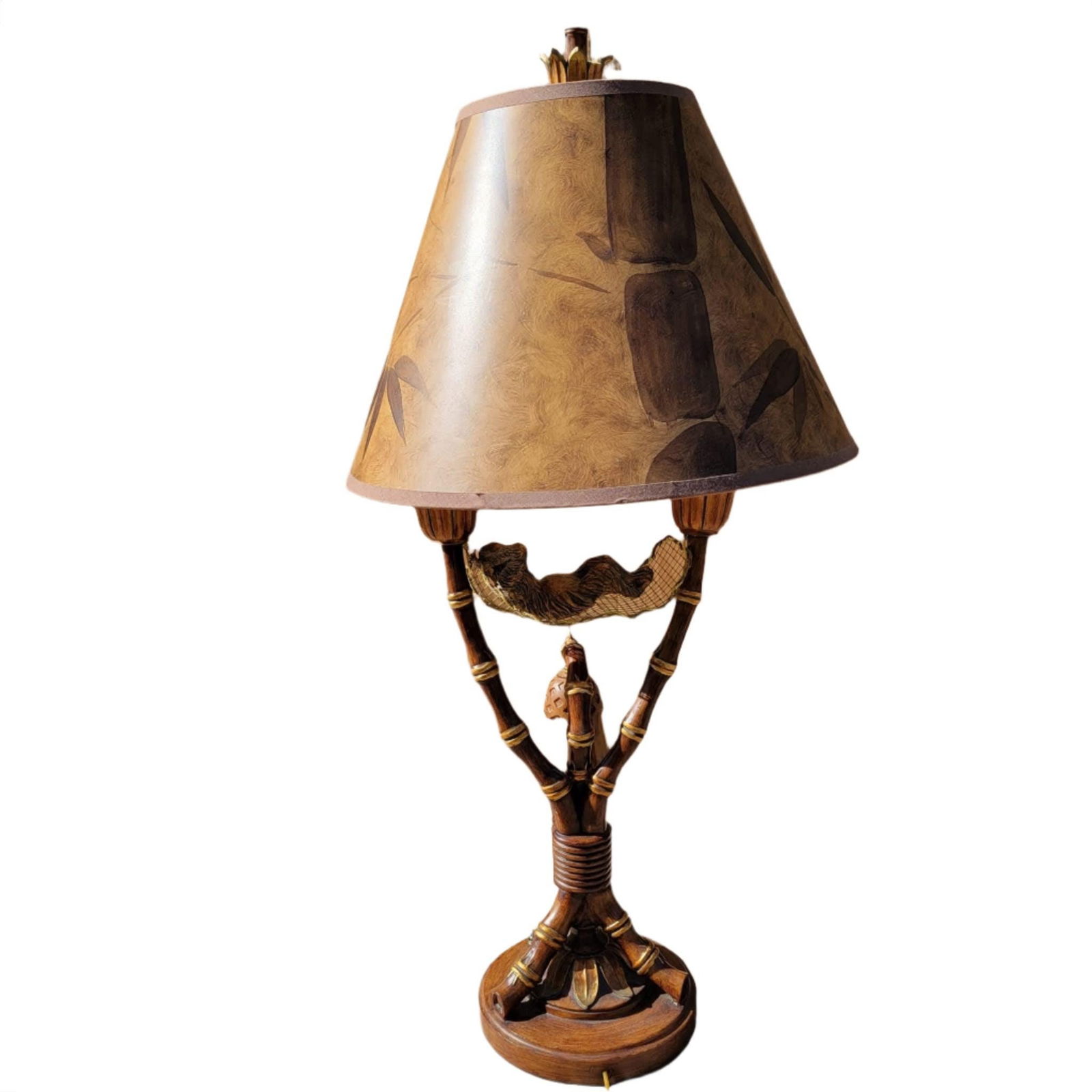 Vintage Tropical Table Lamp with Monkey in Hammock Tiki Light Faux Bamboo with a Tropical Shade by (1 of 8)