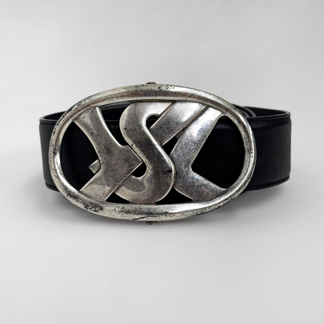 SAINT LAURENT Vintage Black Leather Belt with Oversized Silver Buckle (1 of 6)