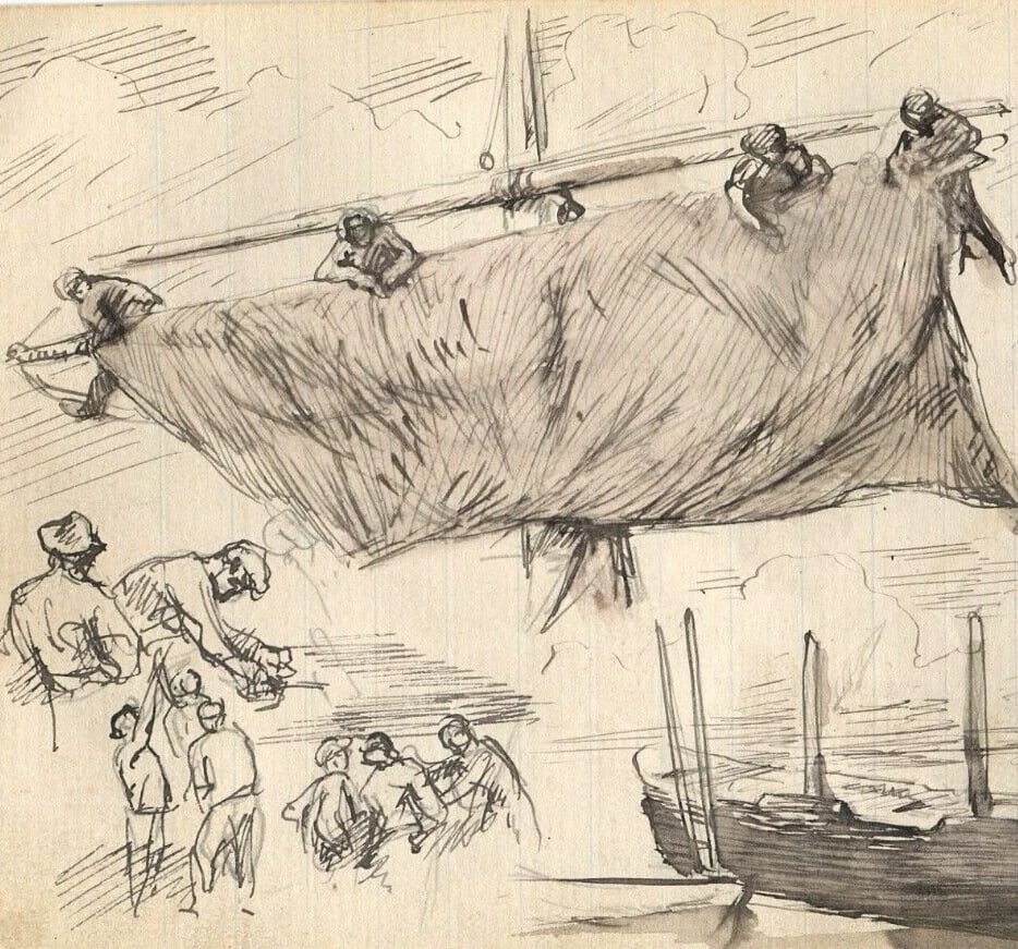 Vintage Maritime Ink Drawing – Sailing Boats & Figures – Nautical Study (1 of 8)