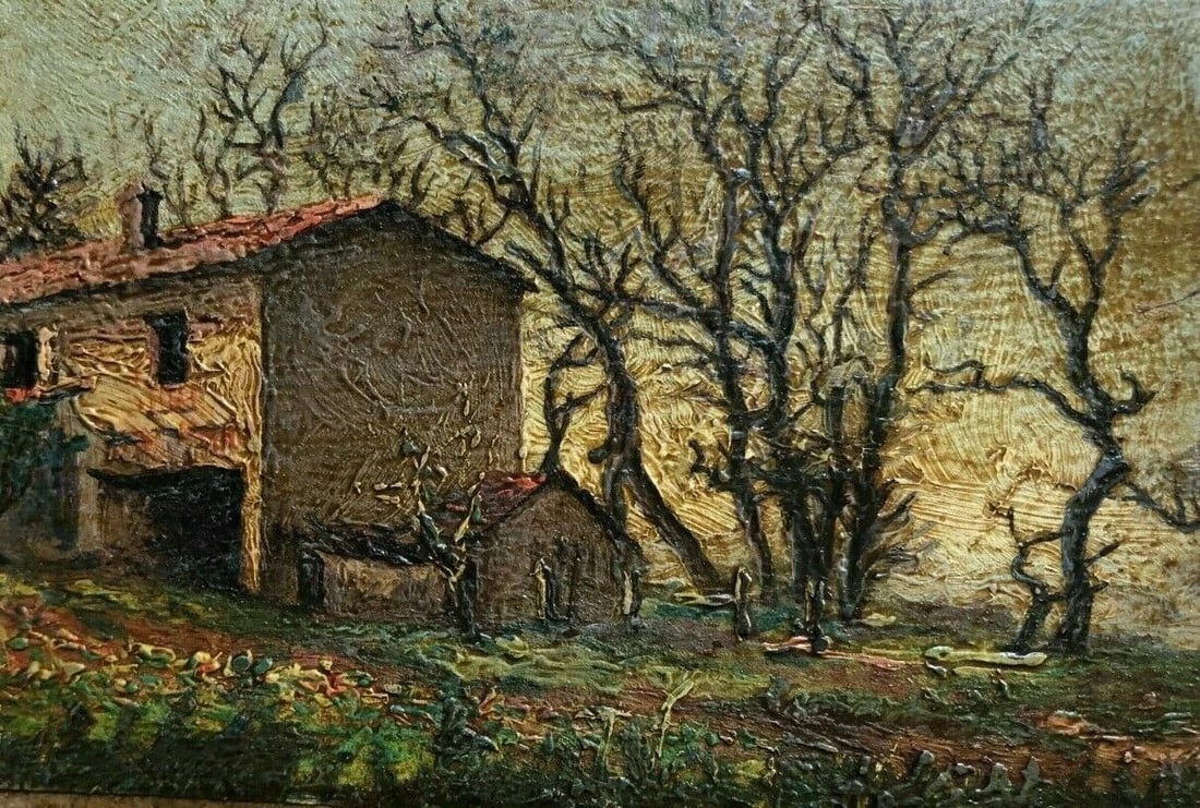 Vintage Oil Painting Landscape with a House and Trees Artwork French: Painting of a Landscape with a House and Trees Oil on paper stick to cardboard 9 x 13 cm / 3.54 x 5.11 inches Reserve: $100.00 Shipping: Domestic: Flat-rate of $17.00 to anywhere within the contiguou