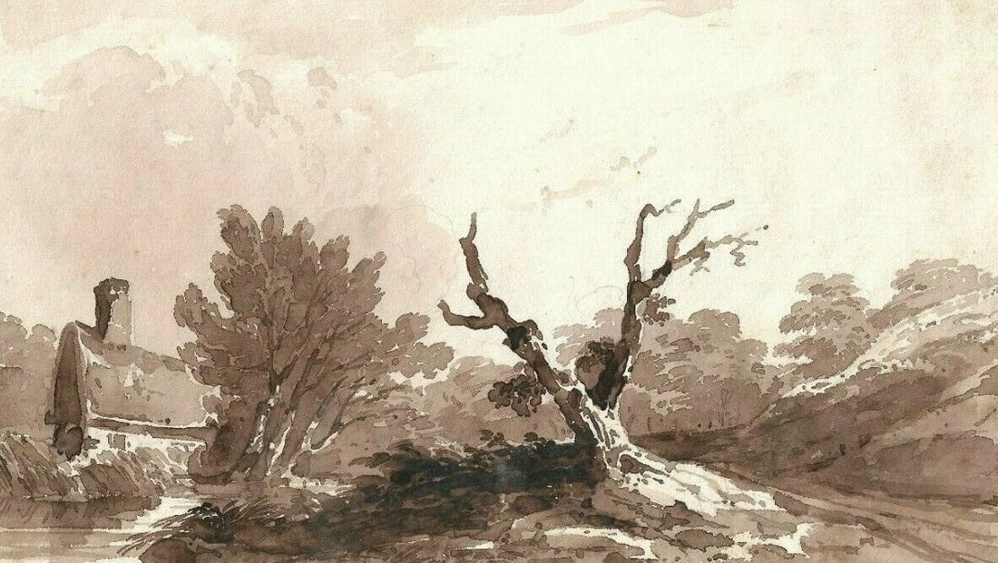 Antique Ink Original Drawing 19th century Landscape and Trees (1 of 8)