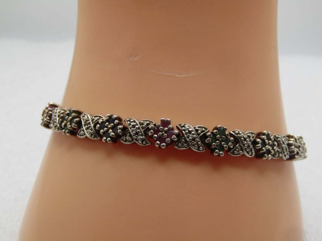Vintage Sterling Ruby, Emerald, Sapphire X O Bracelet, 7.5", 1980's-1990's, Signed (1 of 6)