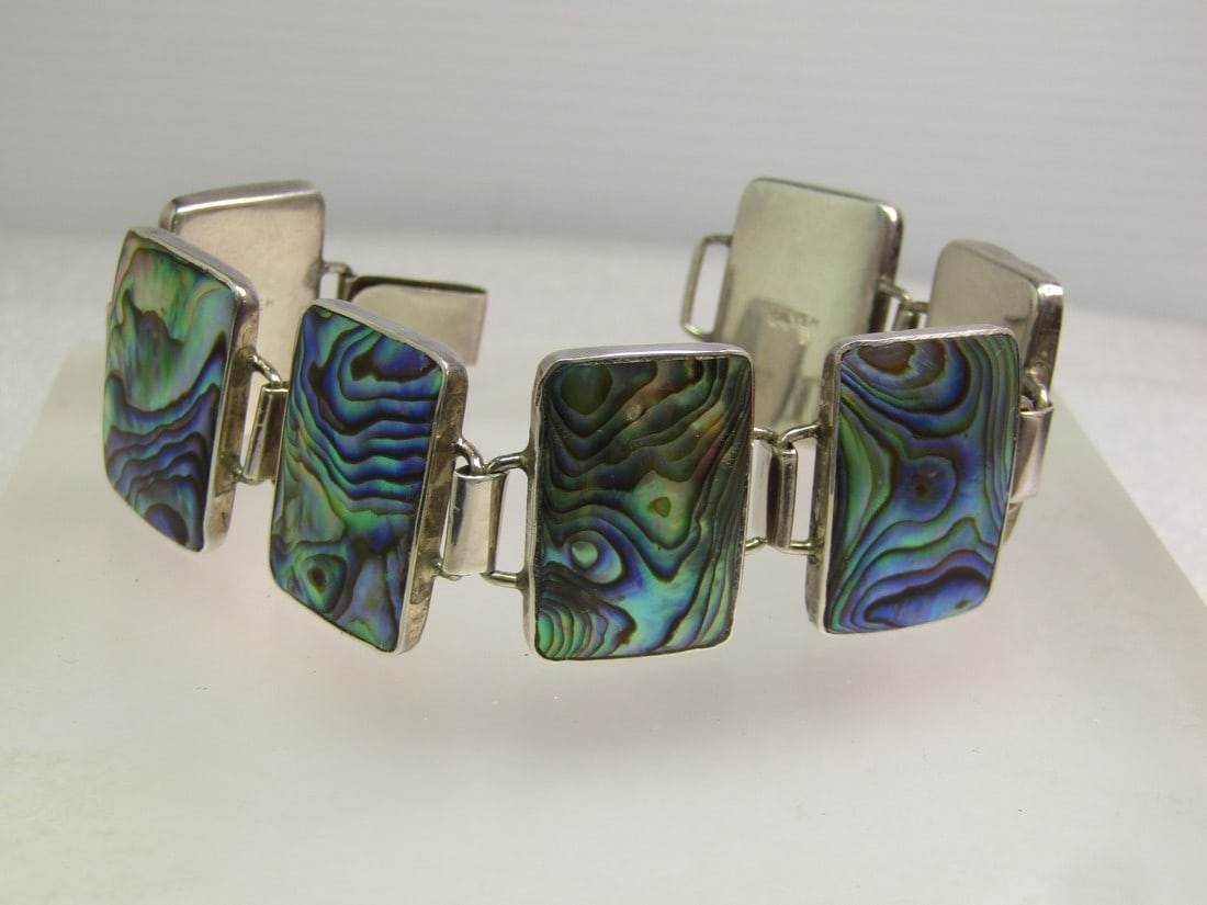 Vintage Sterling Abalone/Paua Bracelet, 8", Wide Tiles, 1970's-1980's (1 of 6)