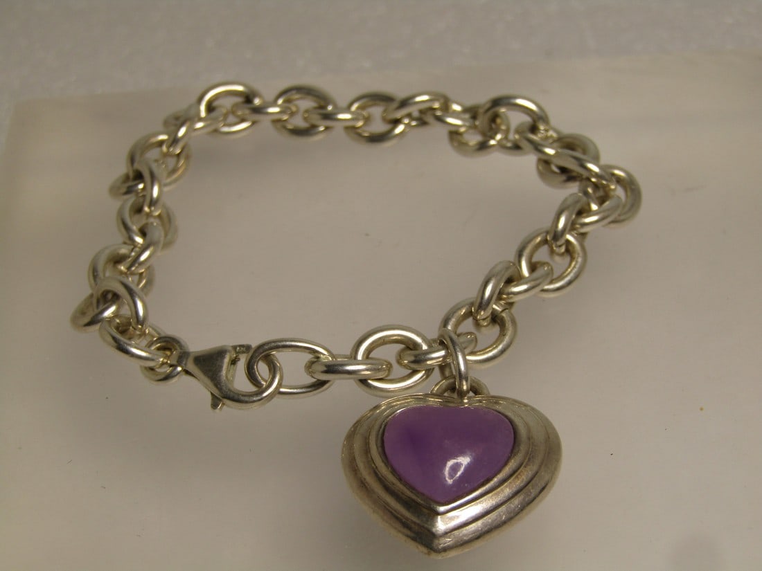 Vintage Sterling Jade Heart Bracelet, 7.5, Signed CNA 1990's (1 of 6)