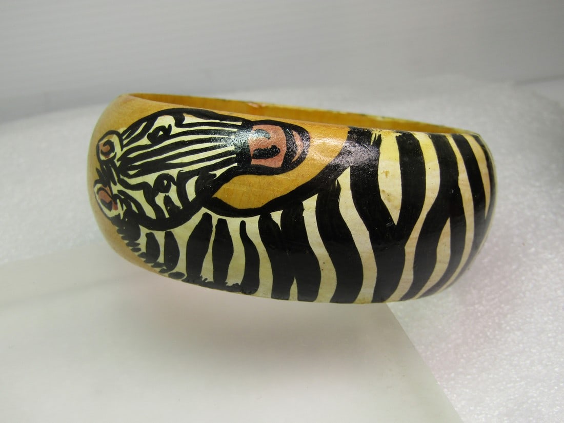 Vintage Hand Painted Zebra Bangle Bracelet, 8.75" 1970's-1980's (1 of 4)
