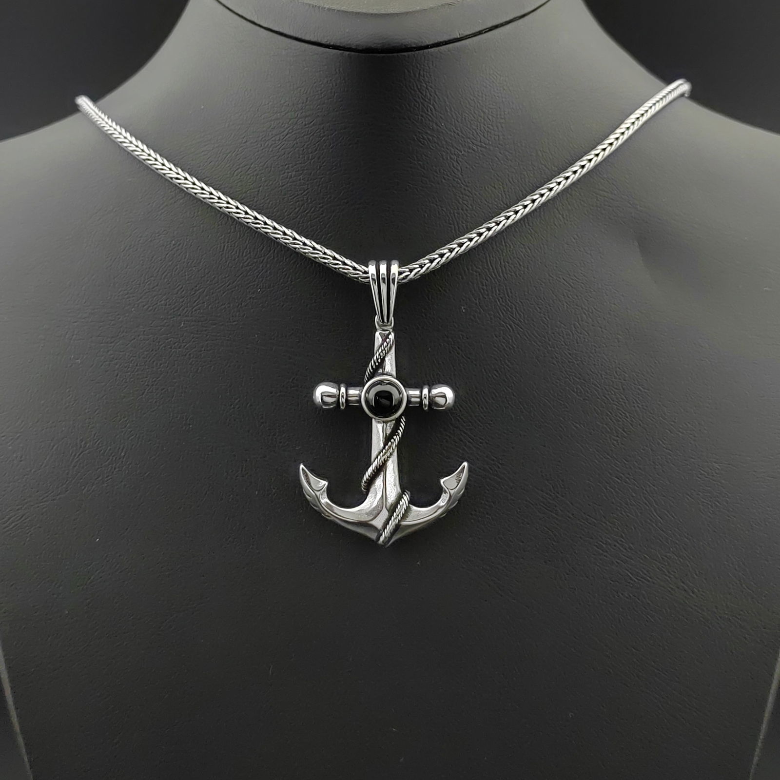925 Silver Chain with Ship Anchor Pendant with Black Onyx (1 of 9)