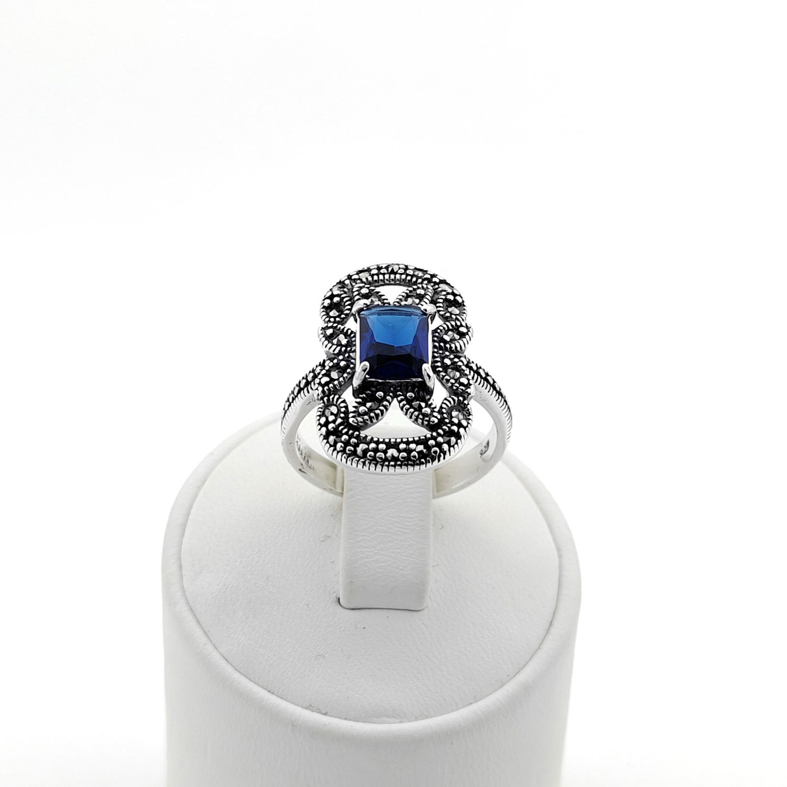 925 Silver Ladies Ring With Blue Zircon and Marcasite (1 of 8)