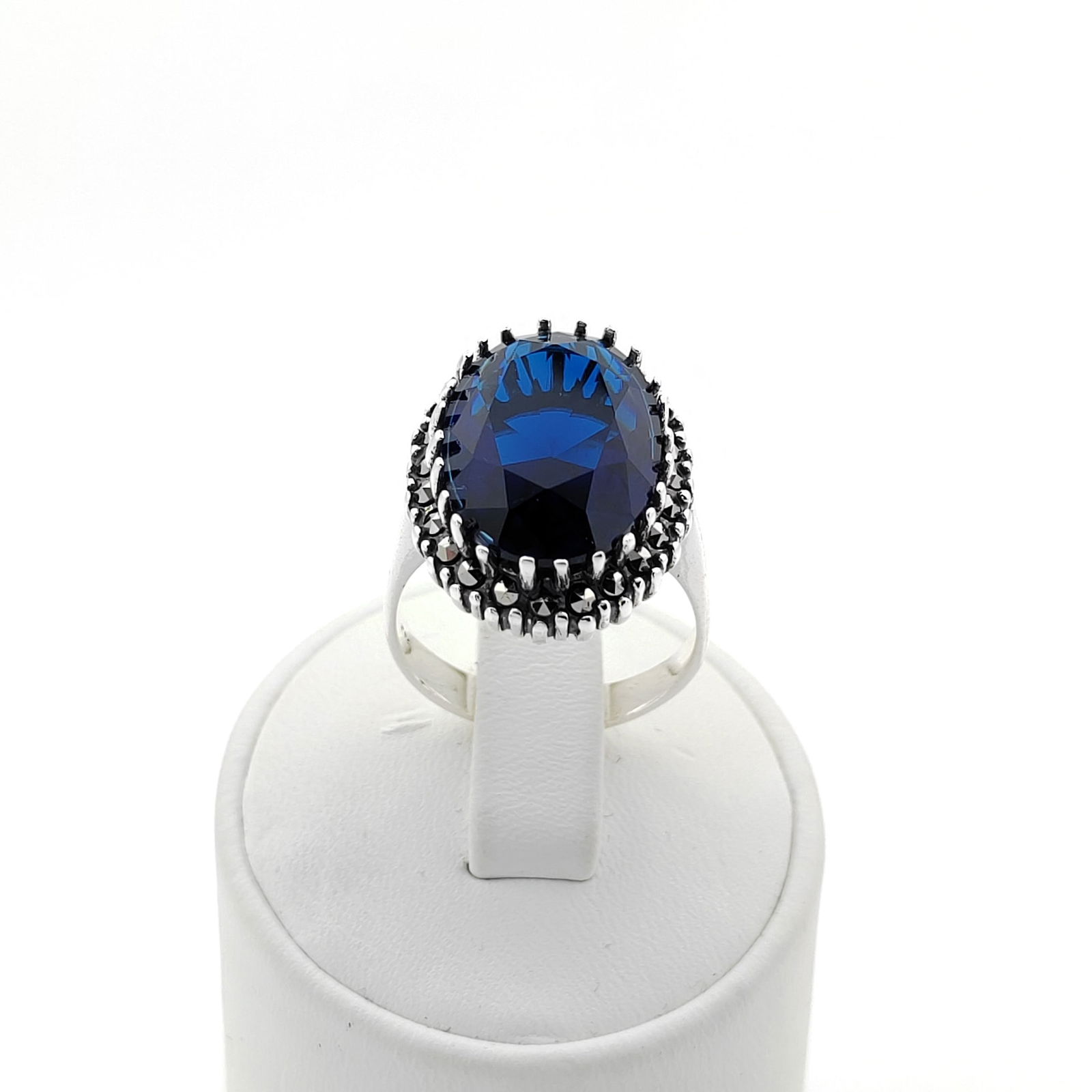 925 Silver Ladies Ring With Blue Zircon and Marcasite (1 of 7)