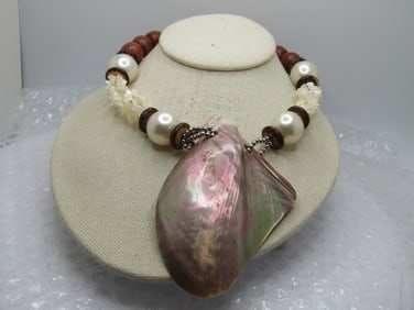 Vintage Large Shell Pendant Beaded Necklace, 20", 1980's
