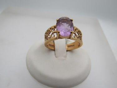 Vintage 14kt plated Amethyst Filigree Ring, Sz. 8.5, 1980's-1990's, 1.5 CTW