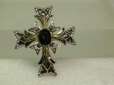 Vintage Maltese Cross Brooch, Black Stone, Signed Monet, 1980's-1990's