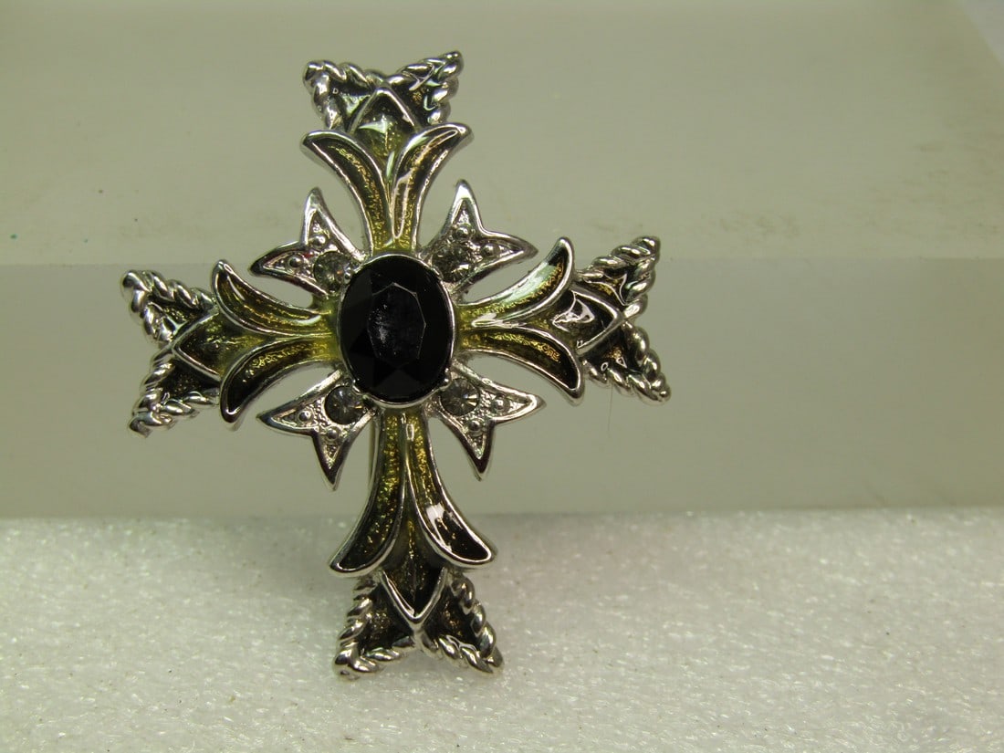 Vintage Maltese Cross Brooch, Black Stone, Signed Monet, 1980's-1990's: Vintage Maltese Cross Brooch, Black Stone, Signed Monet, 1980's-1990's. Silver tone and 1.75" tall and 1.5" wide with a tiered maletese cross design with a center acrylic black 9.5mm by 7mm stone. It