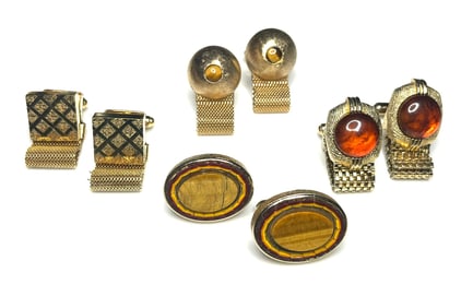 Vintage Lot of Unusual Gold Tone Cufflinks with Chain, Tiger eye, and Diamond Pattern