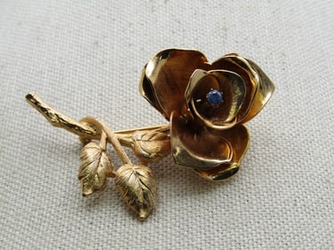 Vintage Rose Brooch, Rhinestone Center, 1970's-1980's