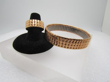 Vintage Speidel Rose Gold Tone Stretch Bracelet/Ring, Stainless Steel Base, 1990's