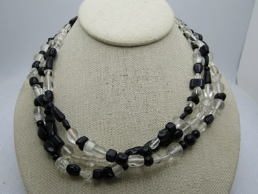 Vintage Clear & Black Triple Strand Necklace, Glass, 17", 1980's-1990's