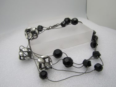 Vintage Black Beaded & Clear Rhinestone Beaded Necklace, 58"