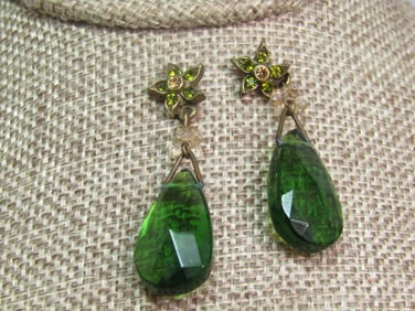Vintage Green Glass Drop Earrings Rhinestone Stud. Pierced. 1960's-1970's