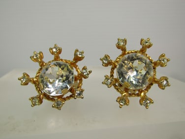Vintage Clear Rhinestone Earrings, Crown-like, Signed Marvella, 1960's