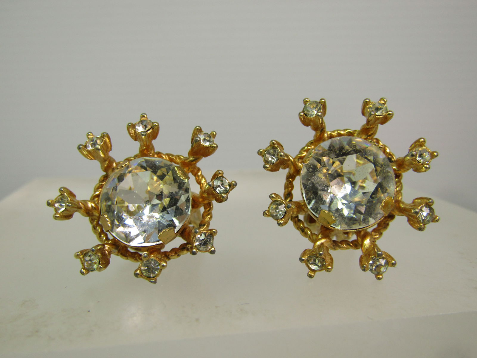 Vintage Clear Rhinestone Earrings, Crown-like, Signed Marvella, 1960's (1 of 7)