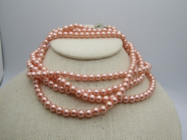 Vintage Faux Pink Pearl Necklace, 54", Rhinestone Clasp, 1960's