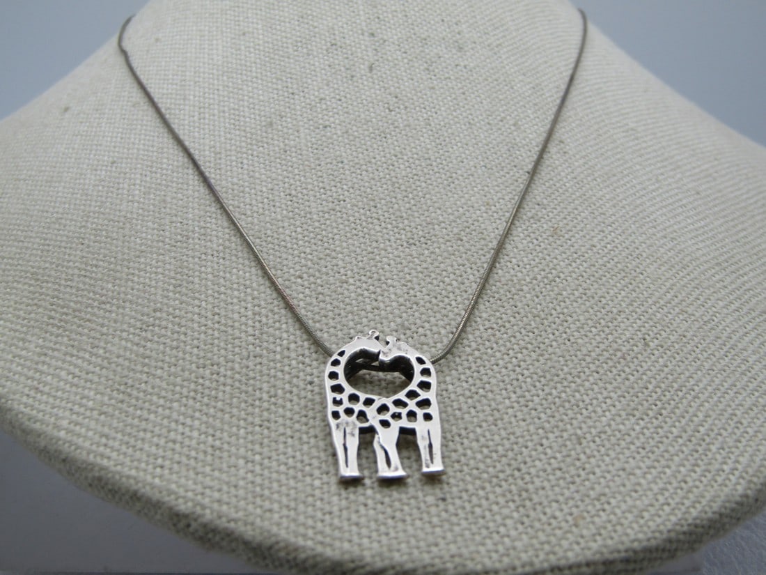 Vintage Sterling Double Giraffe Necklace, Heart, 18", 1980's-1990's. (1 of 7)