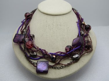 Vintage 9 Strand Purple Beaded Necklace, Glass 18"-21"