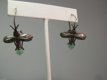 Vintage Sterling Firefly/Bug Earrings, Green Bead, Signed S.G., 1960's, Pierced