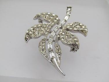 Vintage Rhinestone Leaf Brooch, 1960's 2.25" by 1.5"