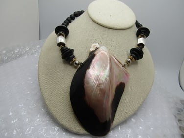 Vintage Large Shell Pendant Beaded Necklace, 20", 1980's