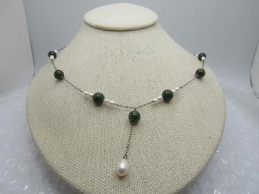 Vintage Sterling Green Agate & Pearl Lavalier Necklace, 20" with 1.5" Drop, 1960's-1970's.