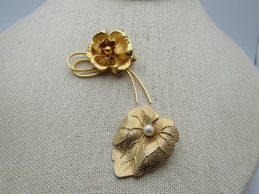 Vintage Pair of Leaf/Floral Brooches, 1960's-1970's. The floral is perhaps a rose but could be