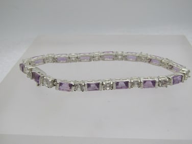 Vintage Amethyst Clear CZ Bracelet, 7.25", Marked .925 Signed