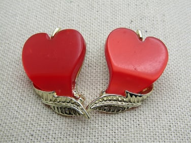 Vintage Red Thermoset Heart Earrings, Clip, Mid-Century