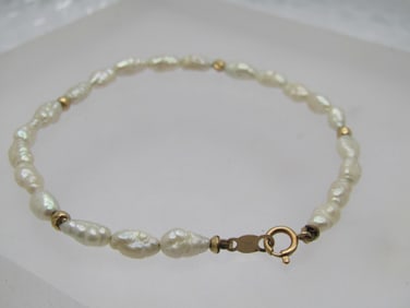 Vintage 14kt Amethyst & Freshwater Pearl Bracelet, 7.25"