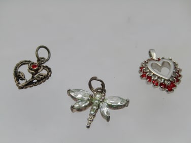 Vintage Pendant Lot, 1 Sterling, Hearts/Flowers/Dragonfly, 1970-1990