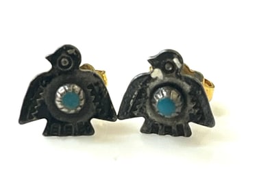 Estate Sterling Silver Zuni Peyote Bird Turquoise 14k Gold Post Earrings