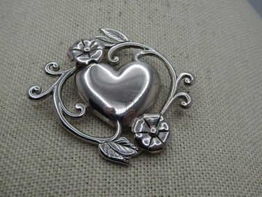 Vintage Sterling Heart & Flower Scrolled Brooch, Jezlaine, 1980's-1990's